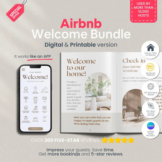 Airbnb Welcome Book Template Canva Host Bundle Kit, Interactive Digital Welcome Book Mobile & Printable Guidebook Host Template Welcome Pack